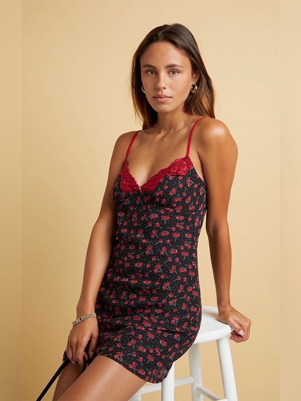 Beverly and Beck Lace Trim Cherry Slip Dress Retro Coquette Babydoll Womens M